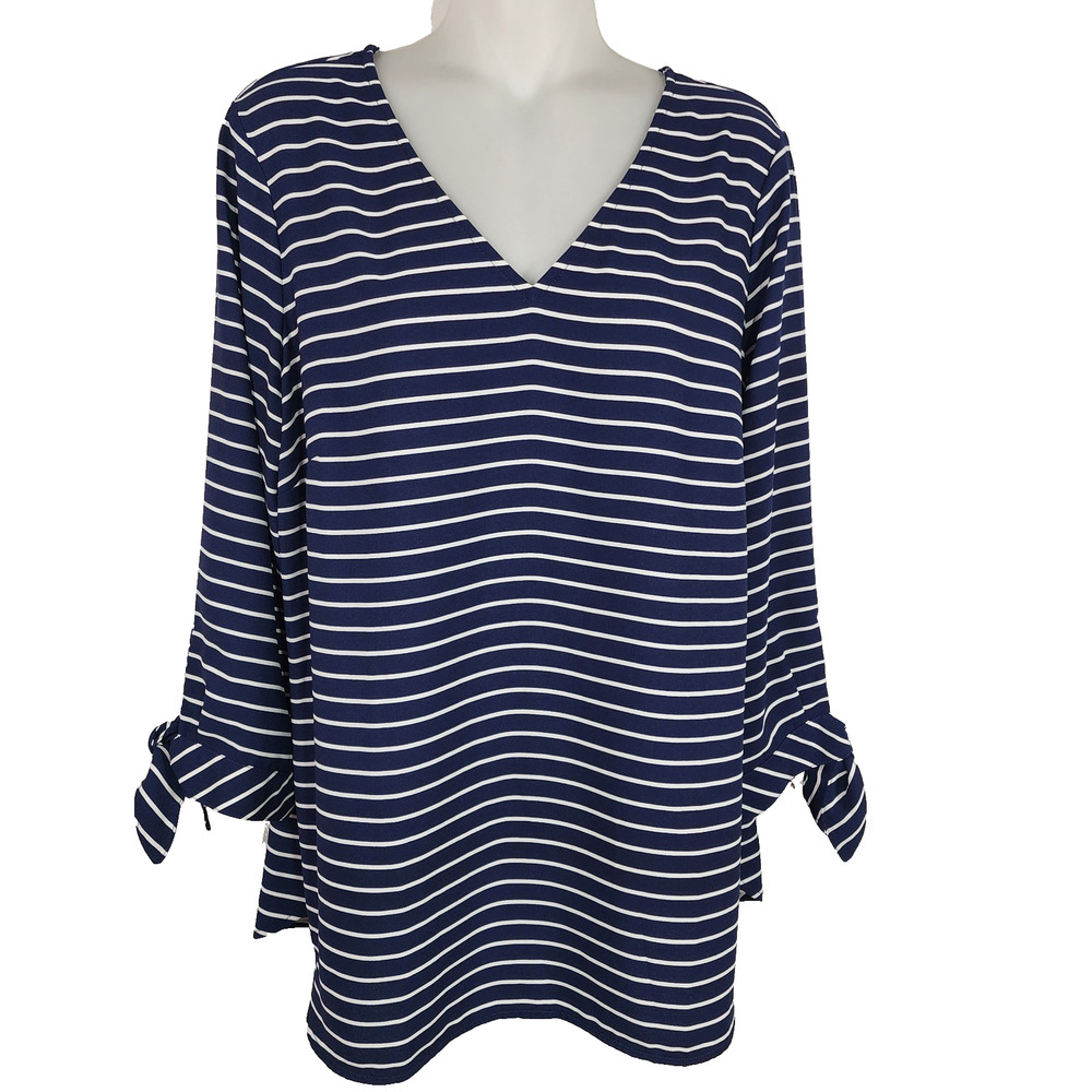 Talbots Womens Tunic Top Navy Blue White Striped Tie 3/4 Sleeve V Neck Medium